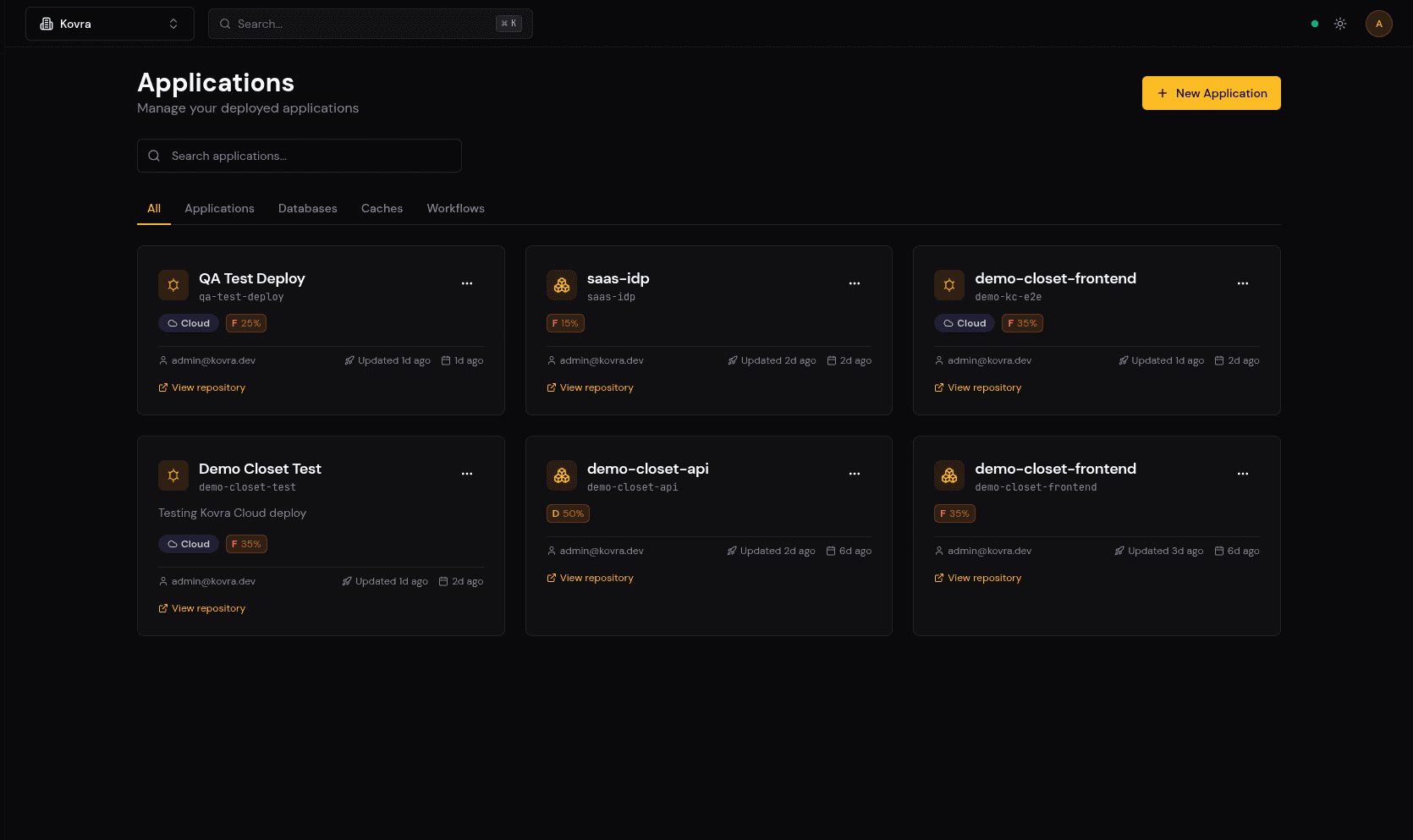 The Kovra Cloud dashboard showing deployed applications